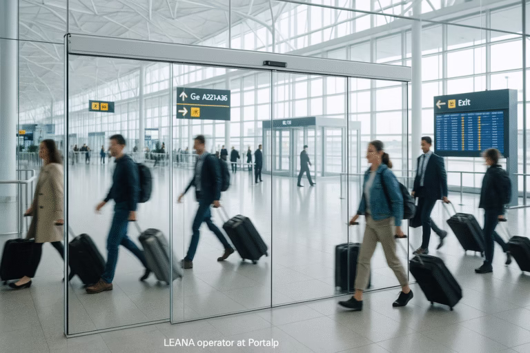 leana puerta automatica de sensor de portalp en aeropuerto con alta afluencia de personas